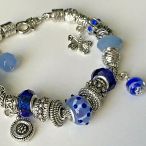 European Style Silver Plated Charm Bracelet with Beads, Lobster Closure, 9" Long - Picture 7 of 12